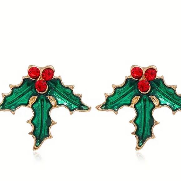 Holly Christmas Stud Earrings - Picture 1 of 2